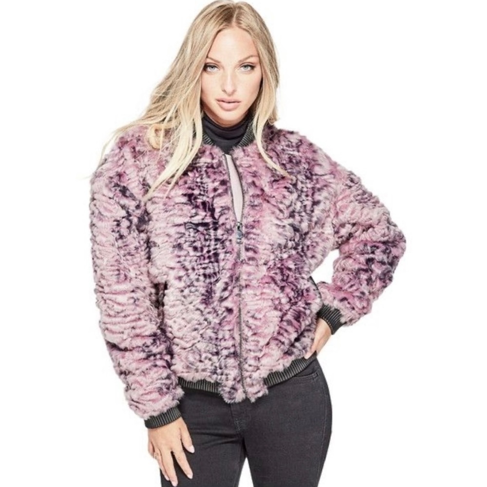 Guess Faux Fur Purple/Elderberry Bomber Jacket